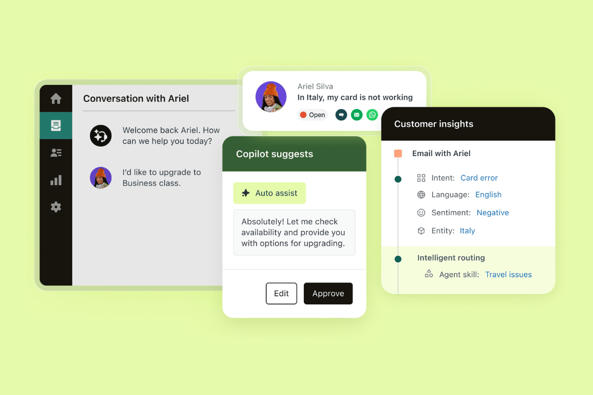 Zendesk workspace showing a traveler’s upgrade request, AI copilot reply suggestions, and customer insights for routing and sentiment.