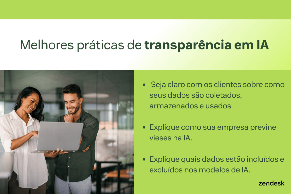 Melhores práticas de transparência em IA com dicas sobre coleta, uso de dados e prevenção de vieses.