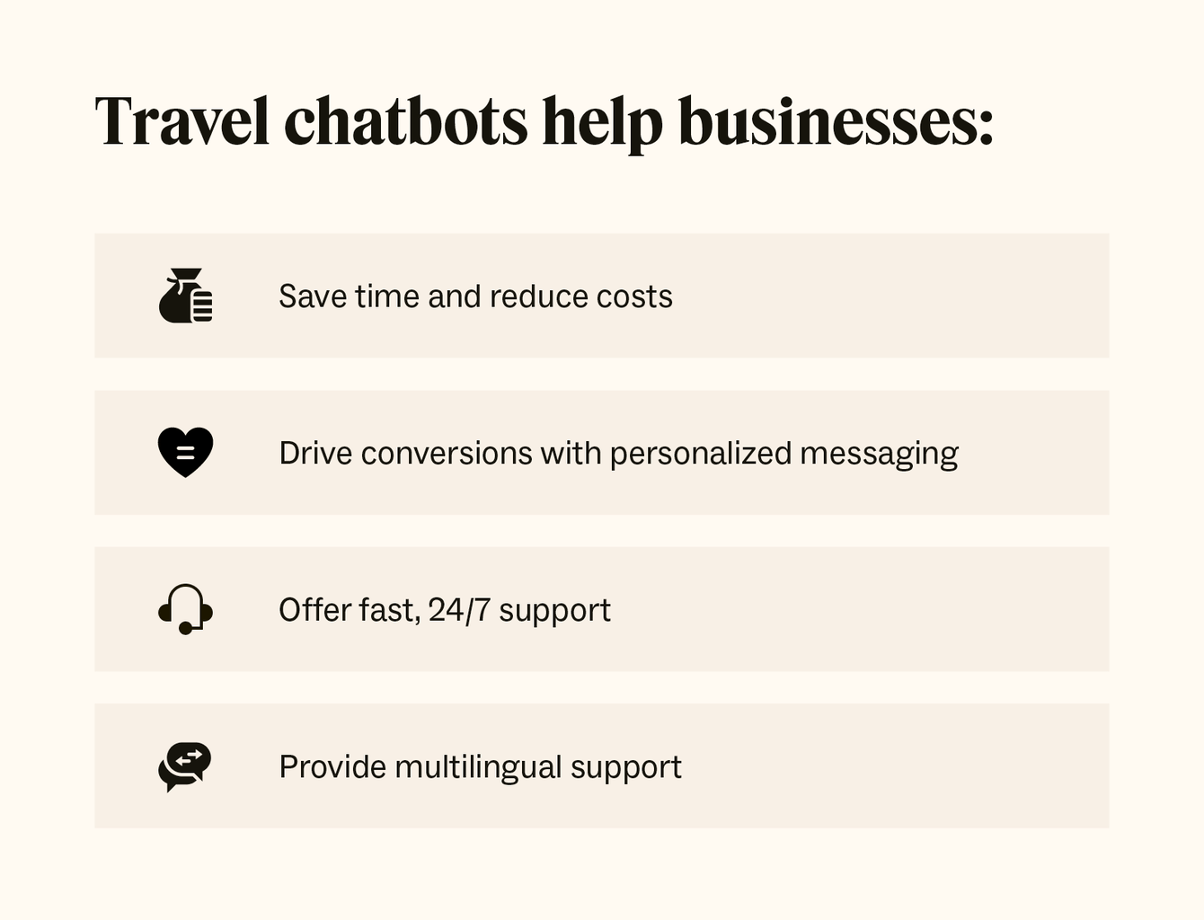 A graphic showcases five ways travel chatbots can help businesses.