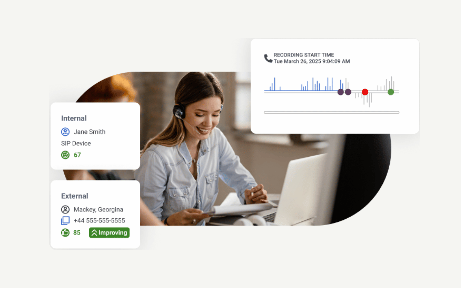 A woman with a headset smiles while using a laptop, with Genesys call details displayed.