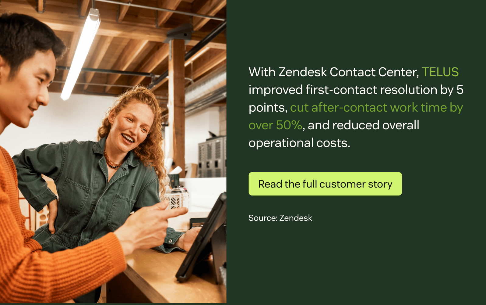 Two people smiling and discussing over a tablet in a cozy workspace, next to text about TELUS' Zendesk customer success story.