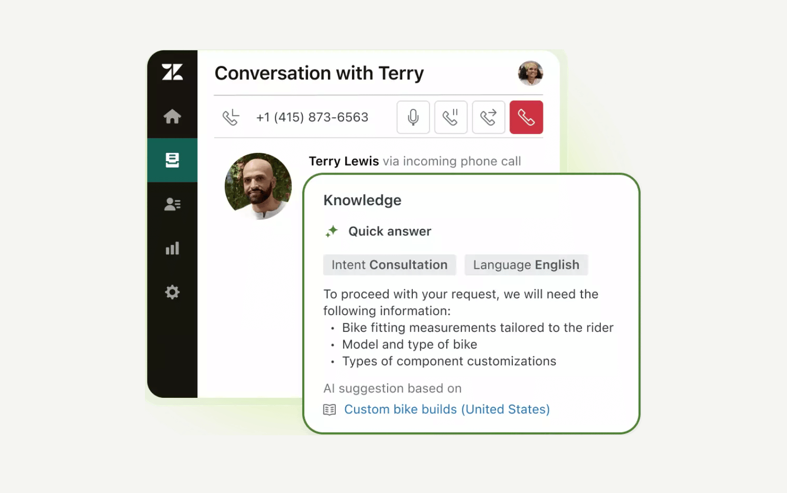 A chat interface showing conversation with Zendesk AI suggestions for agents.