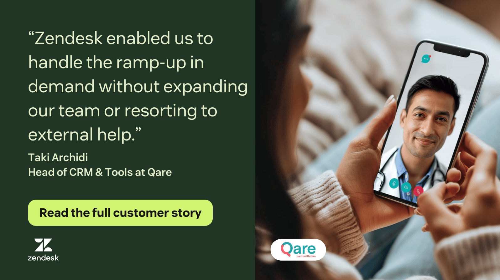 Qare customer story graphic featuring a quote from Taki Archidi about scaling support without expanding the team, alongside a telehealth video consultation on a smartphone.