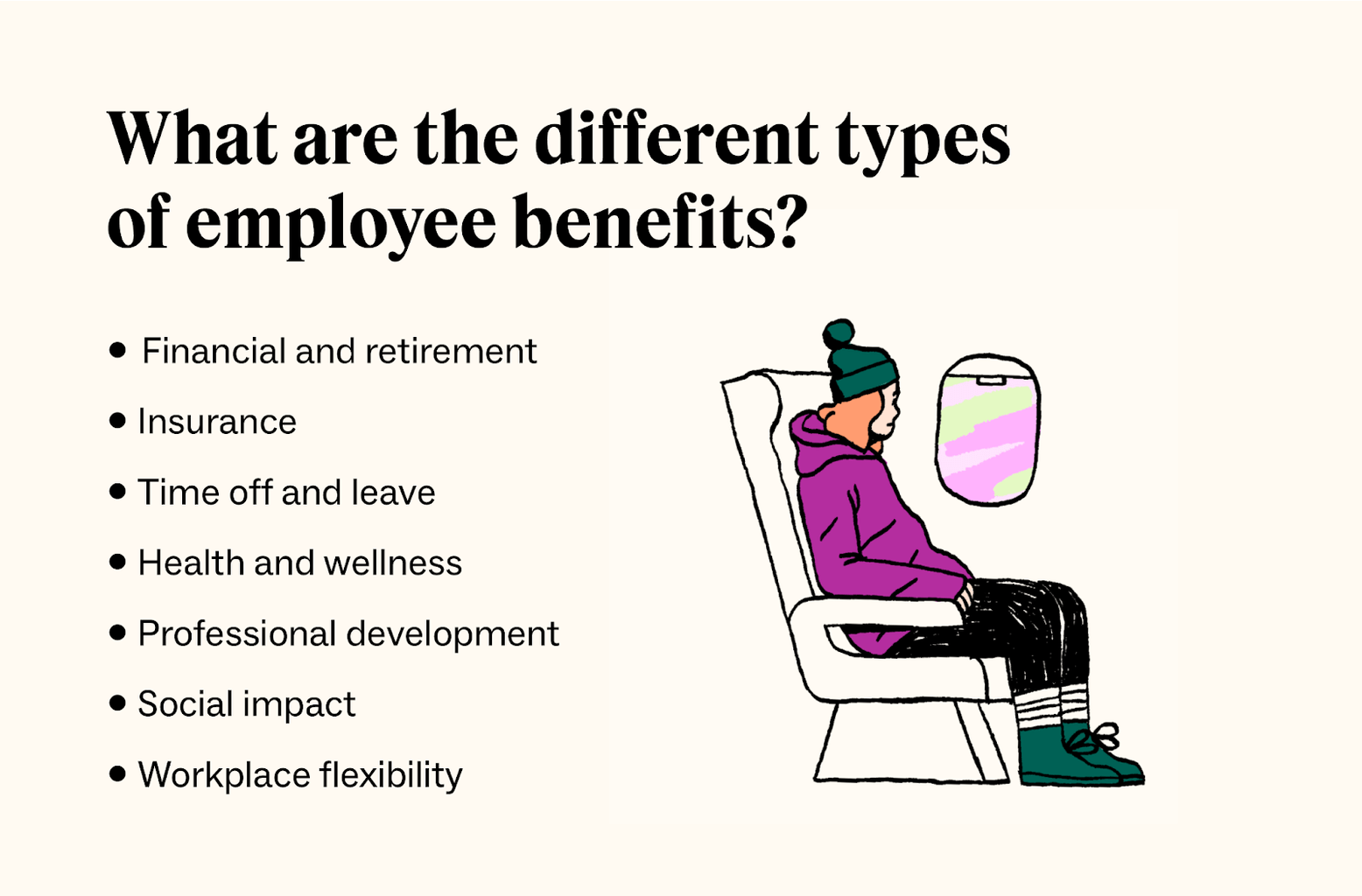 An illustration of a woman staring out a window on an airplane accompanies a list of the types of employee benefits.