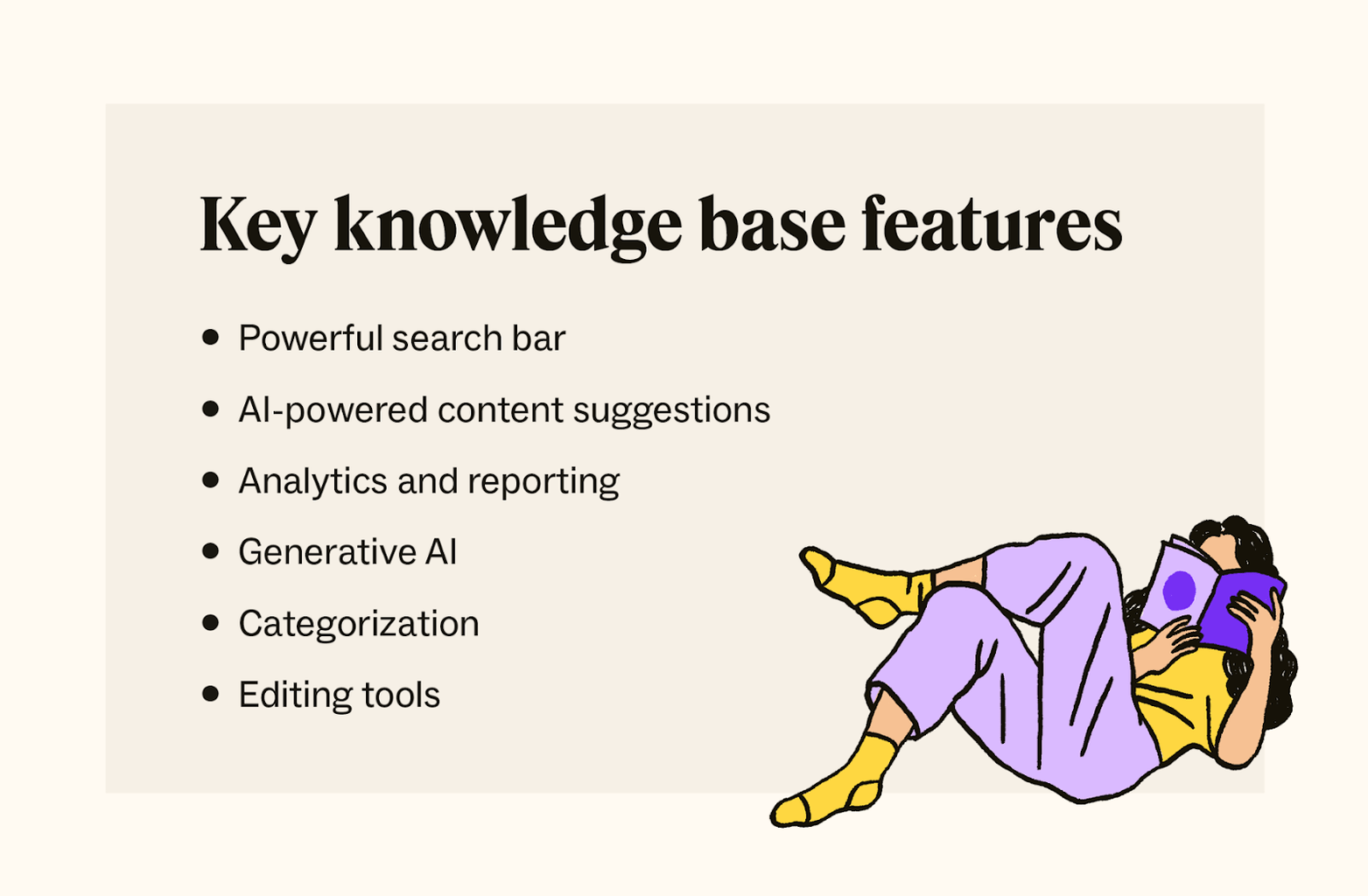 An image shows a woman reading a book and the key knowledge base features like a search bar, AI-powered content suggestions, analytics and reporting, generative AI, categorization, and editing tools.