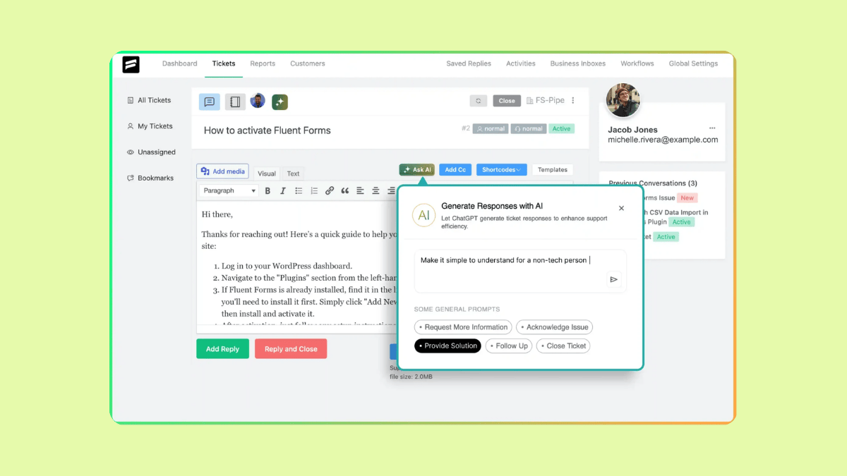Screenshot of the Fluent Support interface displaying a support ticket.