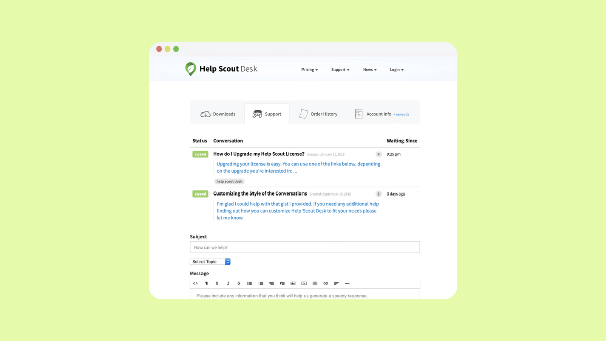 Screenshot of Help Scout Desk interface showing a message list with support conversations on license upgrades and style customization.