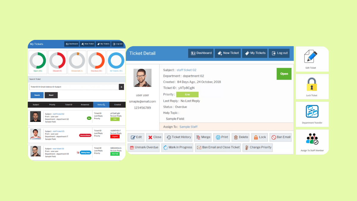 JS Help Desk interface showing open, closed, and answered ticket stats with pie charts.