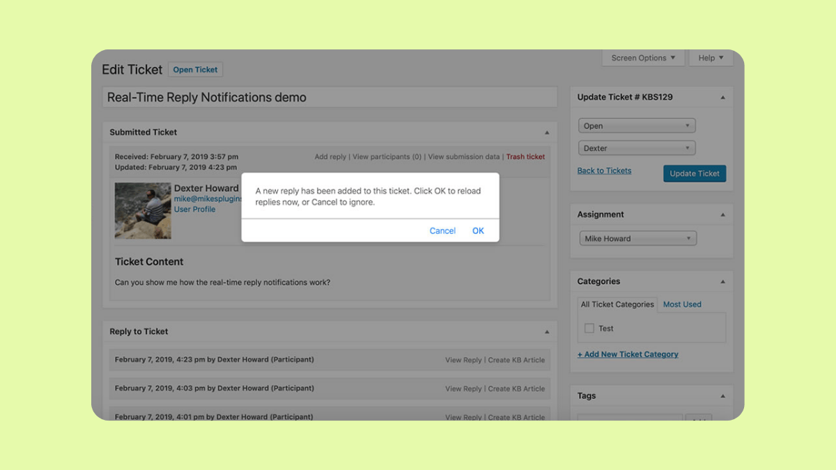 KB Support interface shows a pop-up notification in front of a ticket with options to update the ticket, assign it, and categorize it.