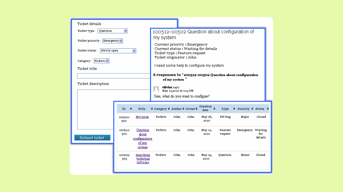 Images of WordPress Advanced Ticket System interface showing ticket details with fields for type, priority, status, and category, alongside input areas for title and description.