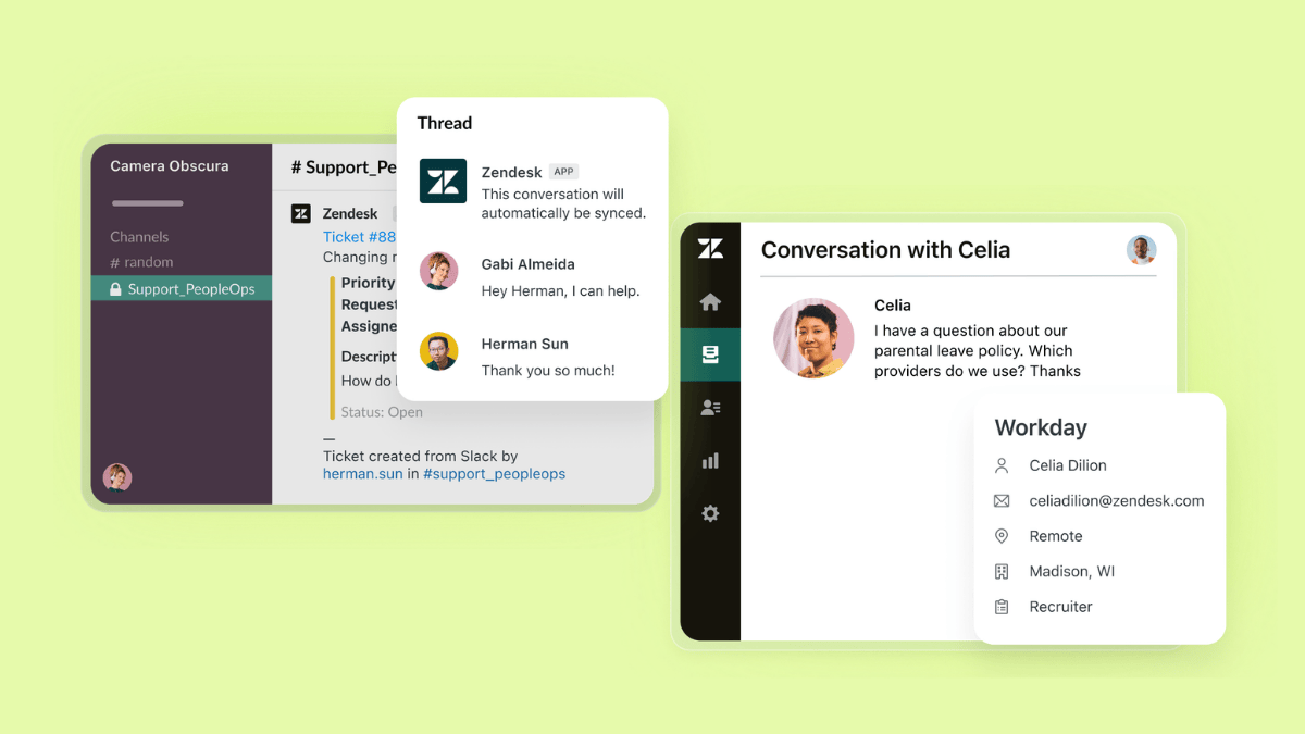 Zendesk interface showing a Slack channel for support and messaging with a Zendesk ticket.