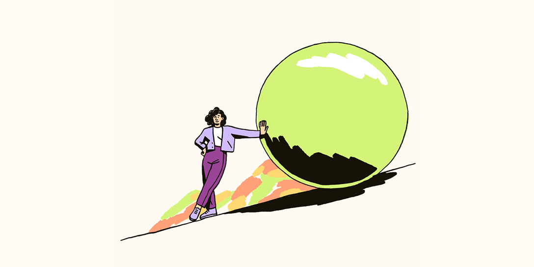 Illustration of a young woman casually leaning against a green boulder