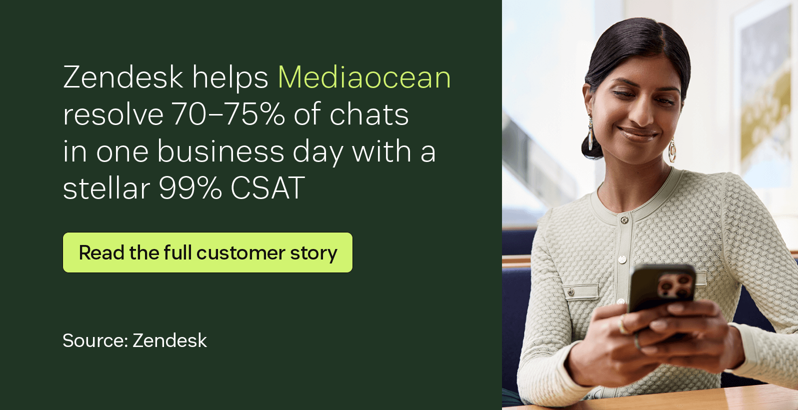 Zendesk helps Mediaocean resolve 70 to 75 percent of chats in one business day with a stellar 99 percent CSAT.