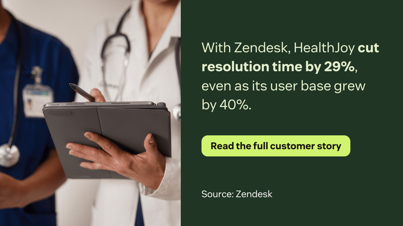 A visual displaying the customer story of HealthJoy, a company that cut resolution time by 29% with Zendesk.