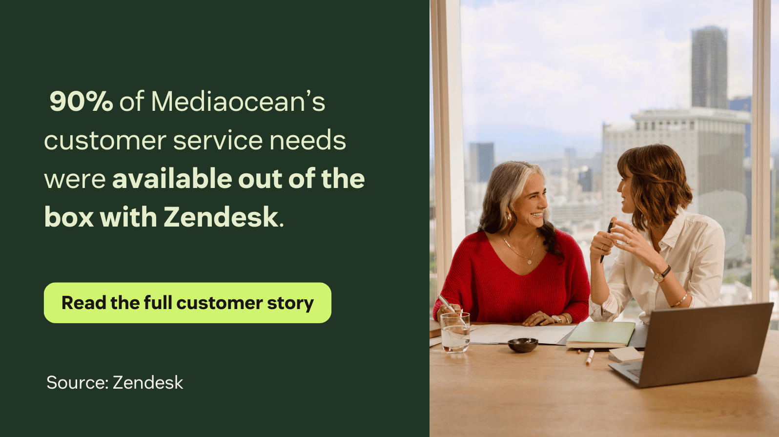 A visual displaying the customer story of Mediaocean, with the statistic of 90% of its customer service needs being available out of the box with Zendesk.