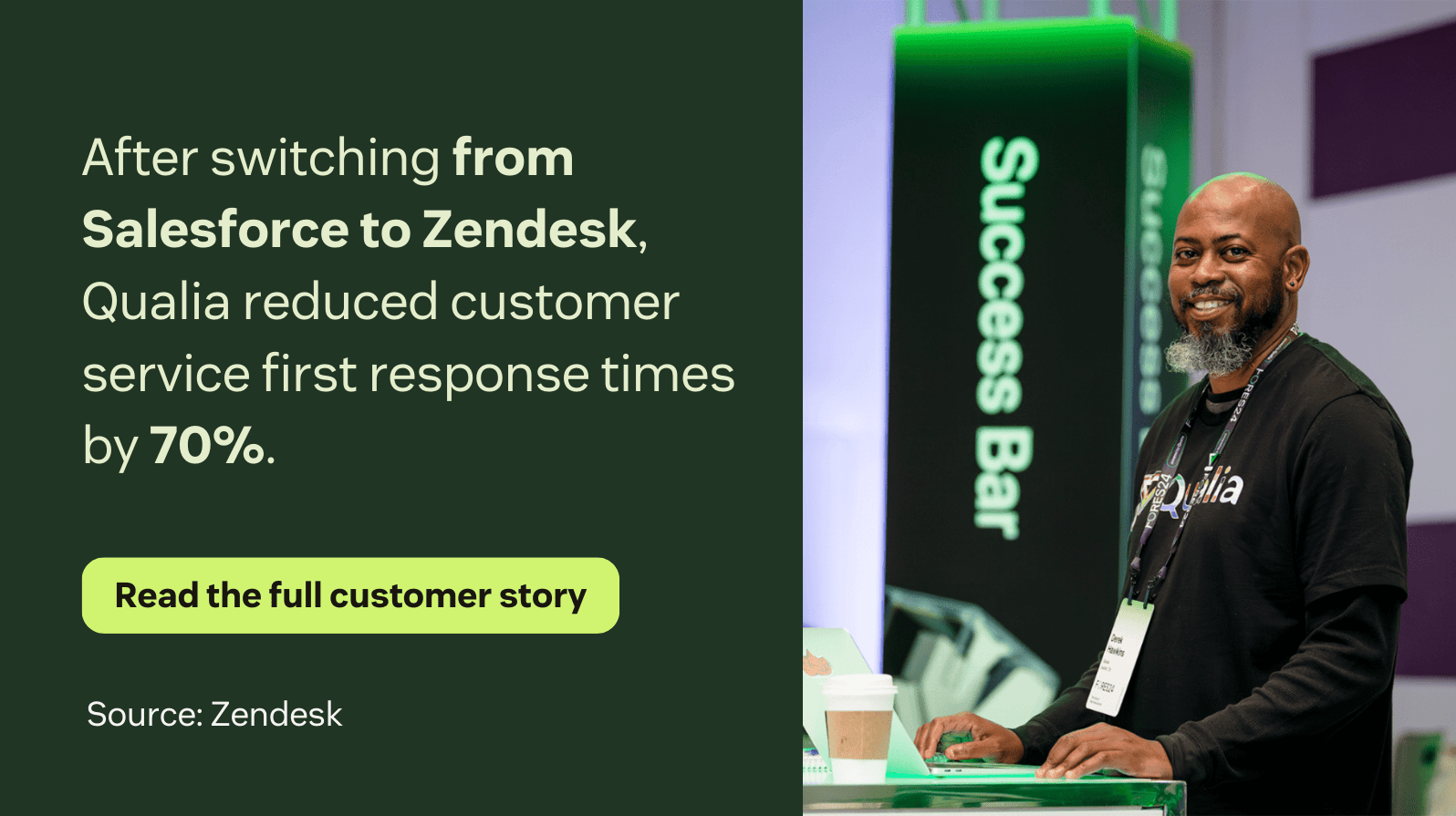 A visual displaying the customer story of Qualia reducing customer service first response times by 70% after switching from Salesforce to Zendesk.