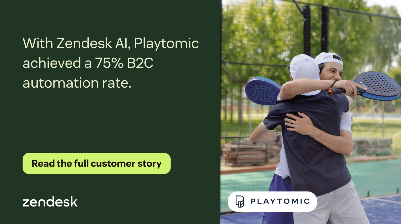 Erfolgsgeschichte von Playtomic, die eine B2C-Automatisierungsrate von 75 % nach dem Wechsel von Intercom zu Zendesk-KI zeigt.