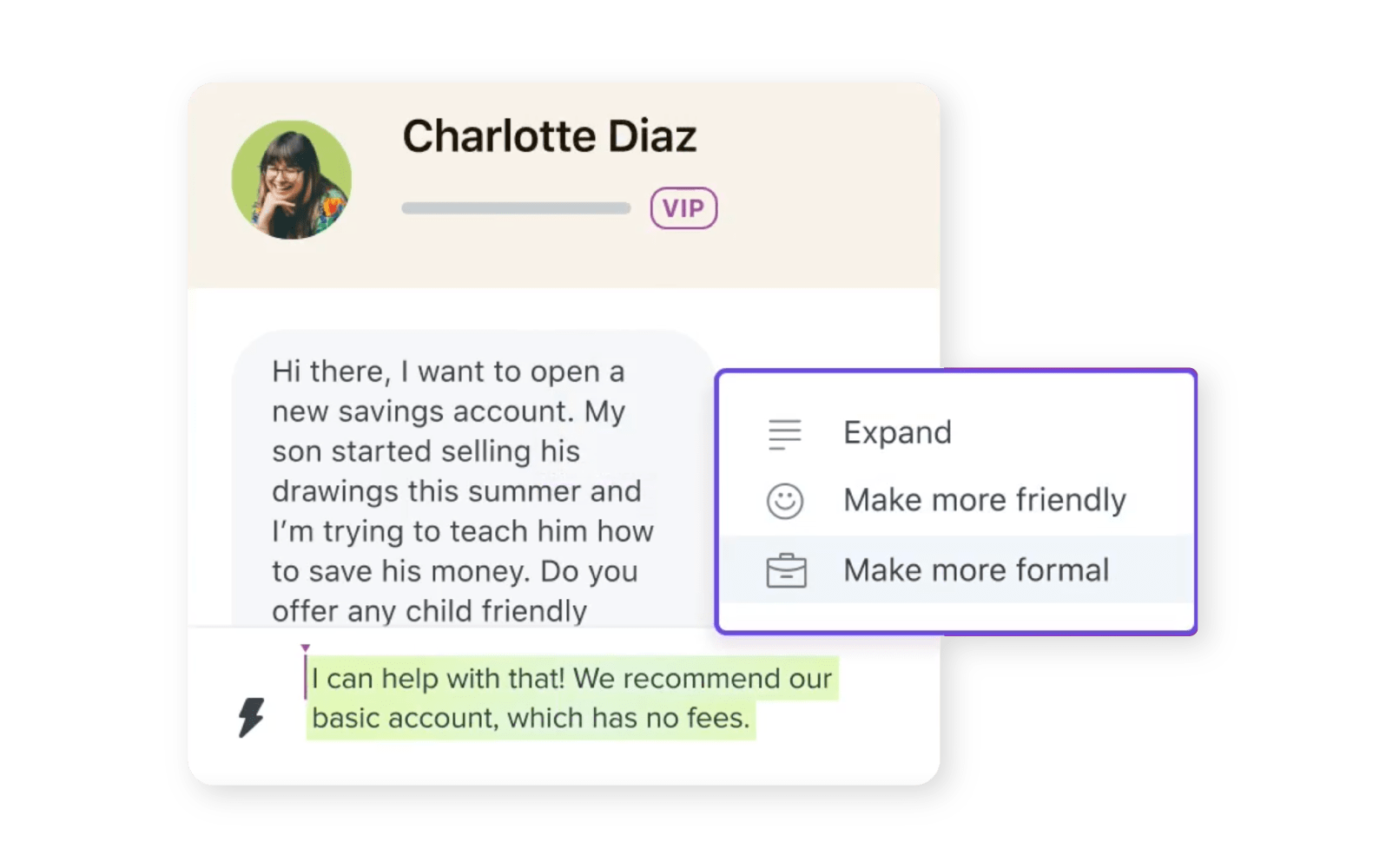 Using a mobile device, an agent automatically shifts the tone of their message using Zendesk AI.