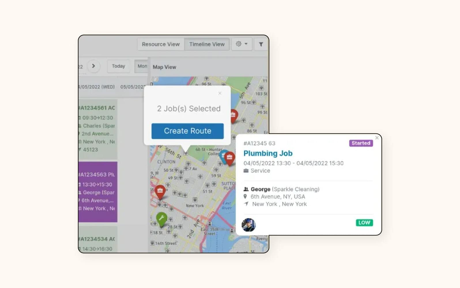 The Zuper platform shows the tool routing to a field job site.