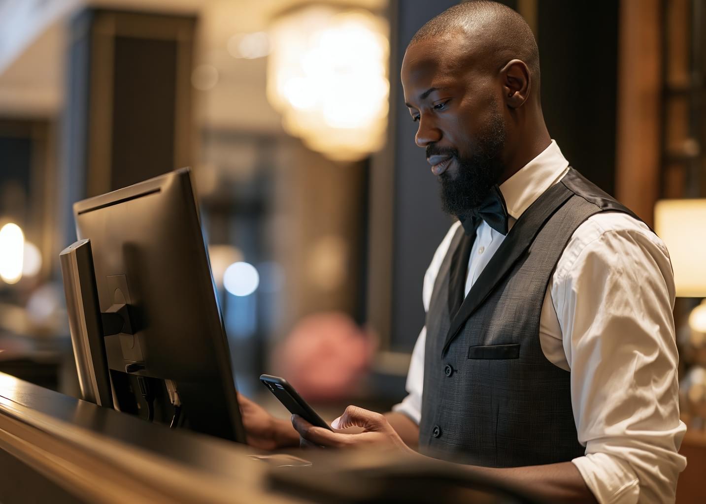 A bartender checks his phone in front of a computer inside an upscale restaurant.