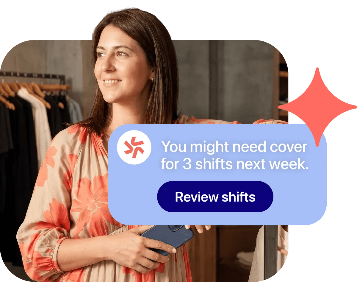 A young woman smiles as she looks up from a mobile device with an inset of Deputy UX.