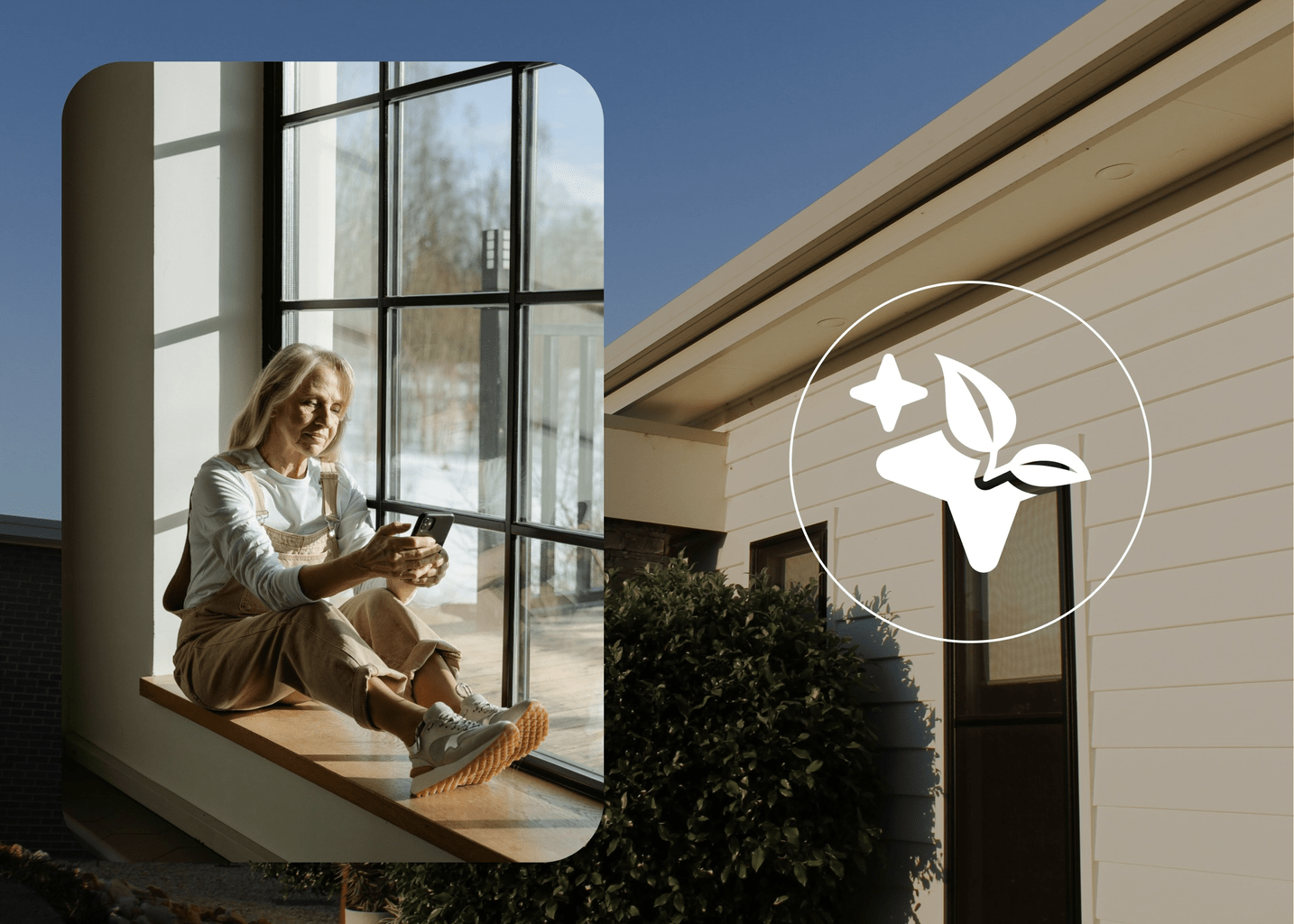An older woman sitting in a window using the Furnished Finder app on her mobile phone