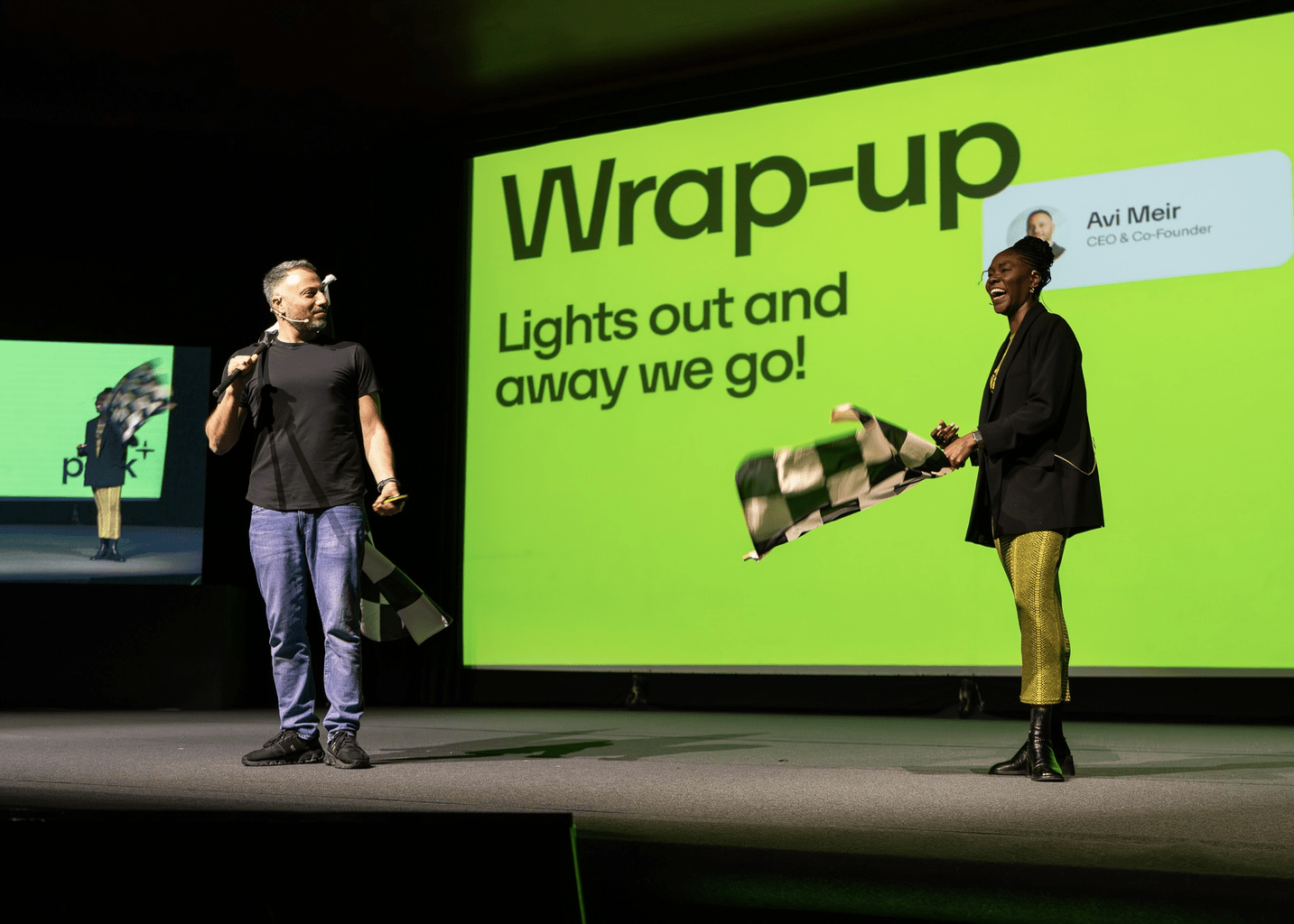 Perk CEO and cofounder onstage with the company's chief people officer