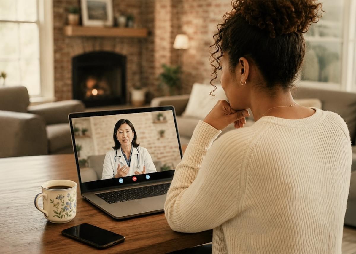 A woman sits in light-filled room at a table, with her laptop open, consulting with with a woman in a labcoat online.