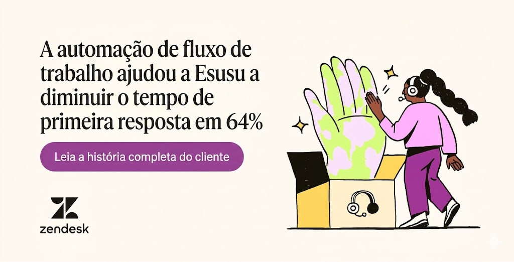 Uma pessoa usando um headset cumprimenta com um 'high-five' uma mão gigante que sai de uma grande caixa de papelão ao lado de uma estatística de automação da Esusu.