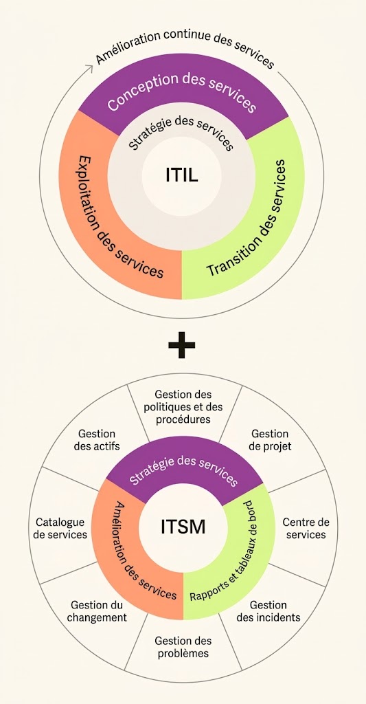Deux diagrammes circulaires comparant ITIL et la gestion des services informatiques (ITSM)