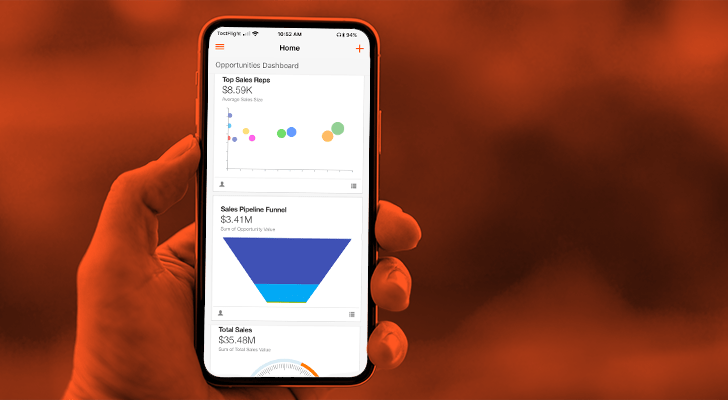 Mobile CRM app opportunities dashboard displaying sales metrics.