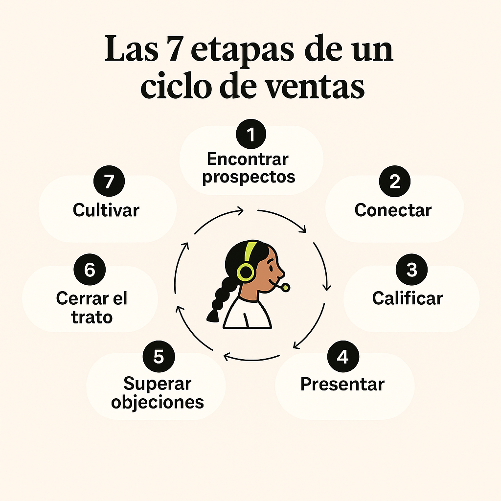 Una mujer con cabello trenzado rodeada de las siete etapas del ciclo de ventas.