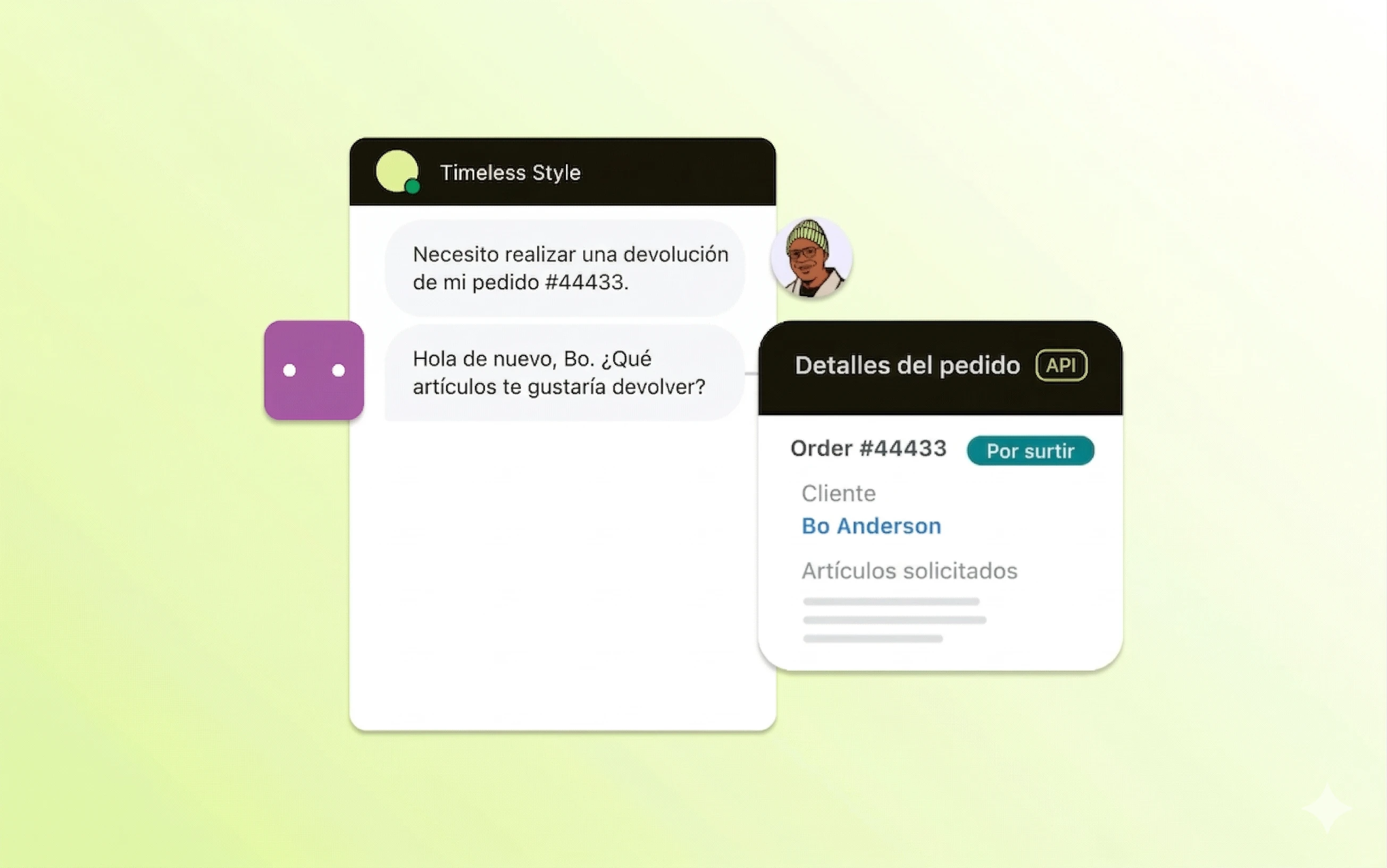 Interfaz de chatbot de Zendesk que muestra una consulta de pedido, con una API de chatbot que extrae y presenta los detalles del pedido del cliente en tiempo real.