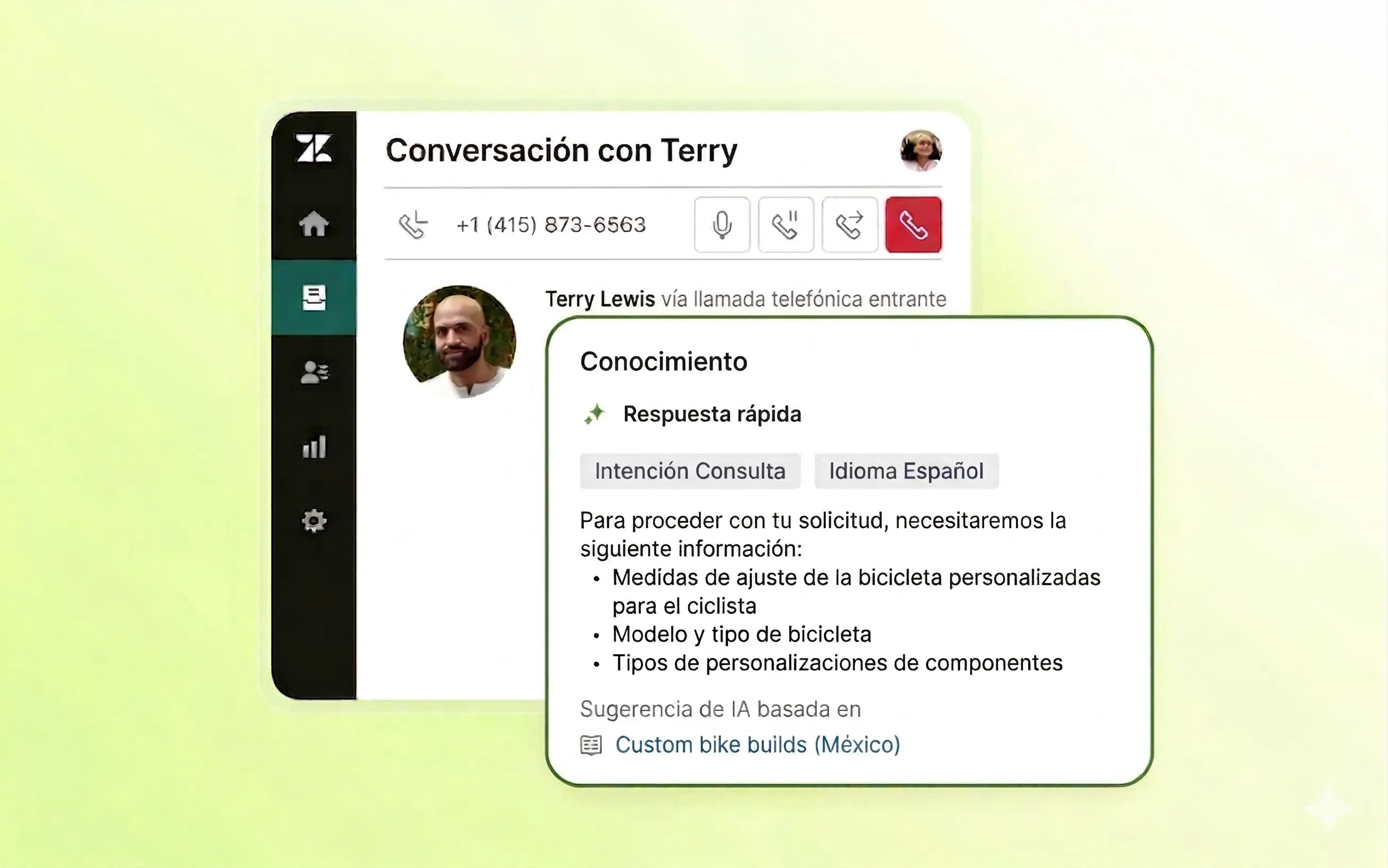 Un agente de soporte habla por un auricular con Zendesk en pantalla.