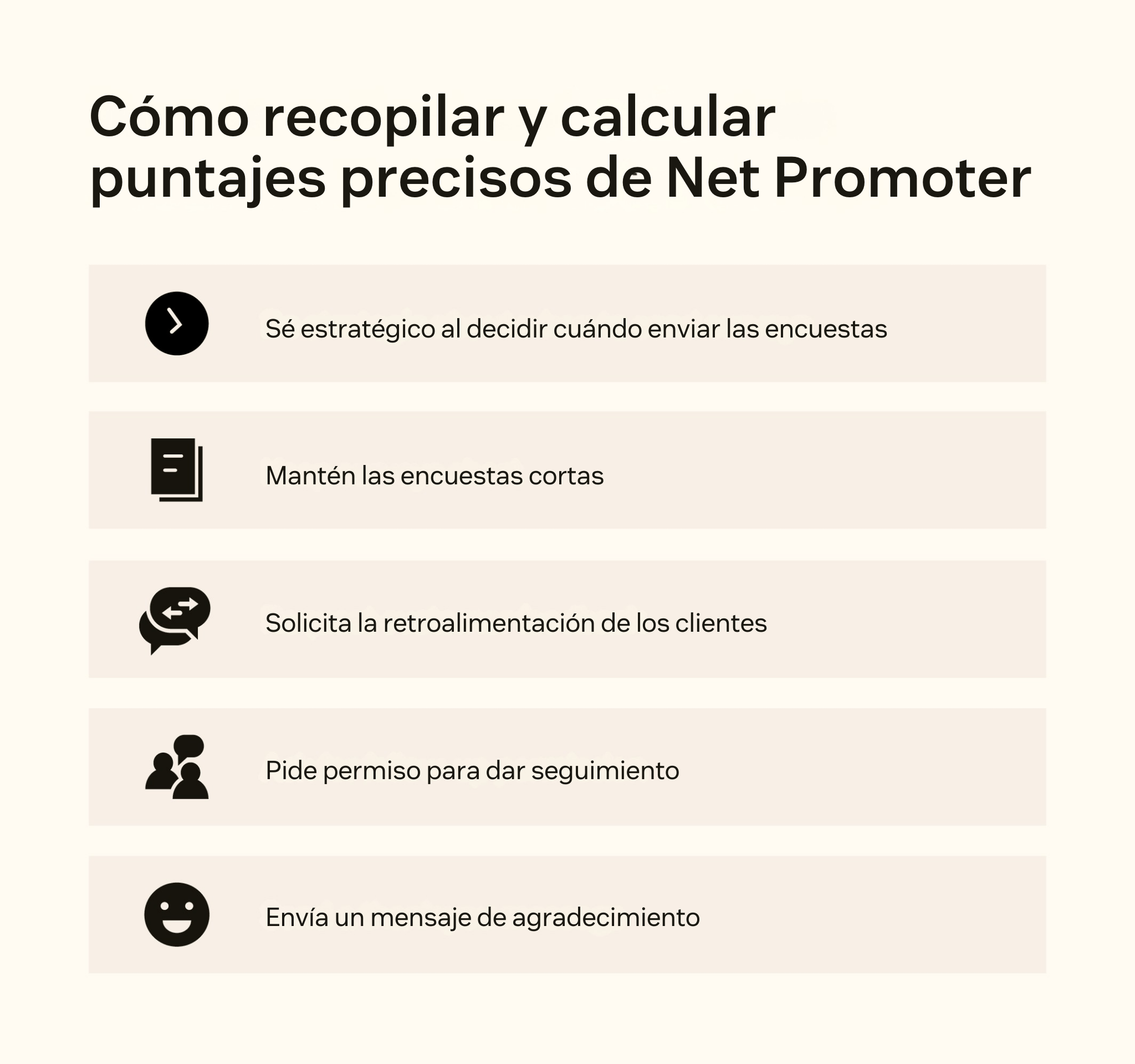 Cinco mejores prácticas de NPS, incluyendo encuestas breves y pedir feedback adicional.