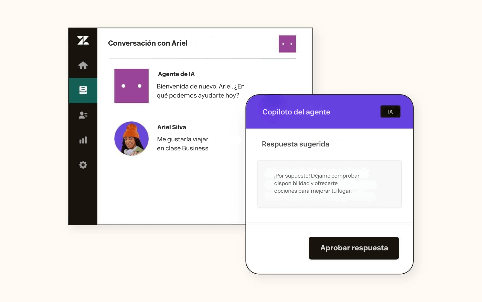 El copiloto de agentes de Zendesk sugiere una respuesta en una interacción con un cliente.