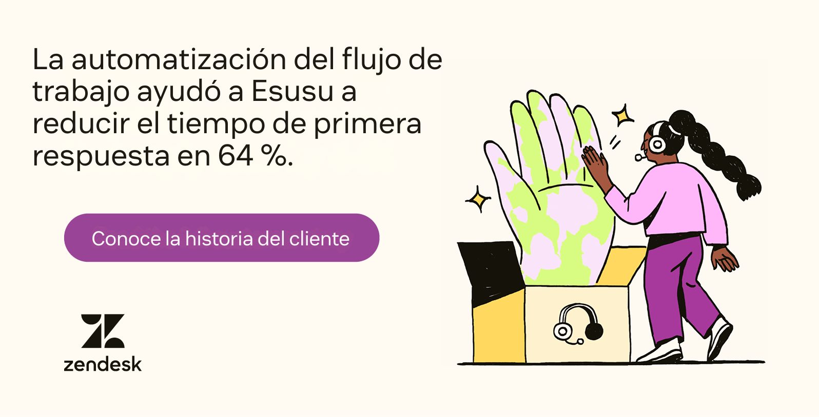 Una persona con headset choca la mano con una mano gigante que sale de una caja de cartón grande junto a una estadística de automatización de Esusu.