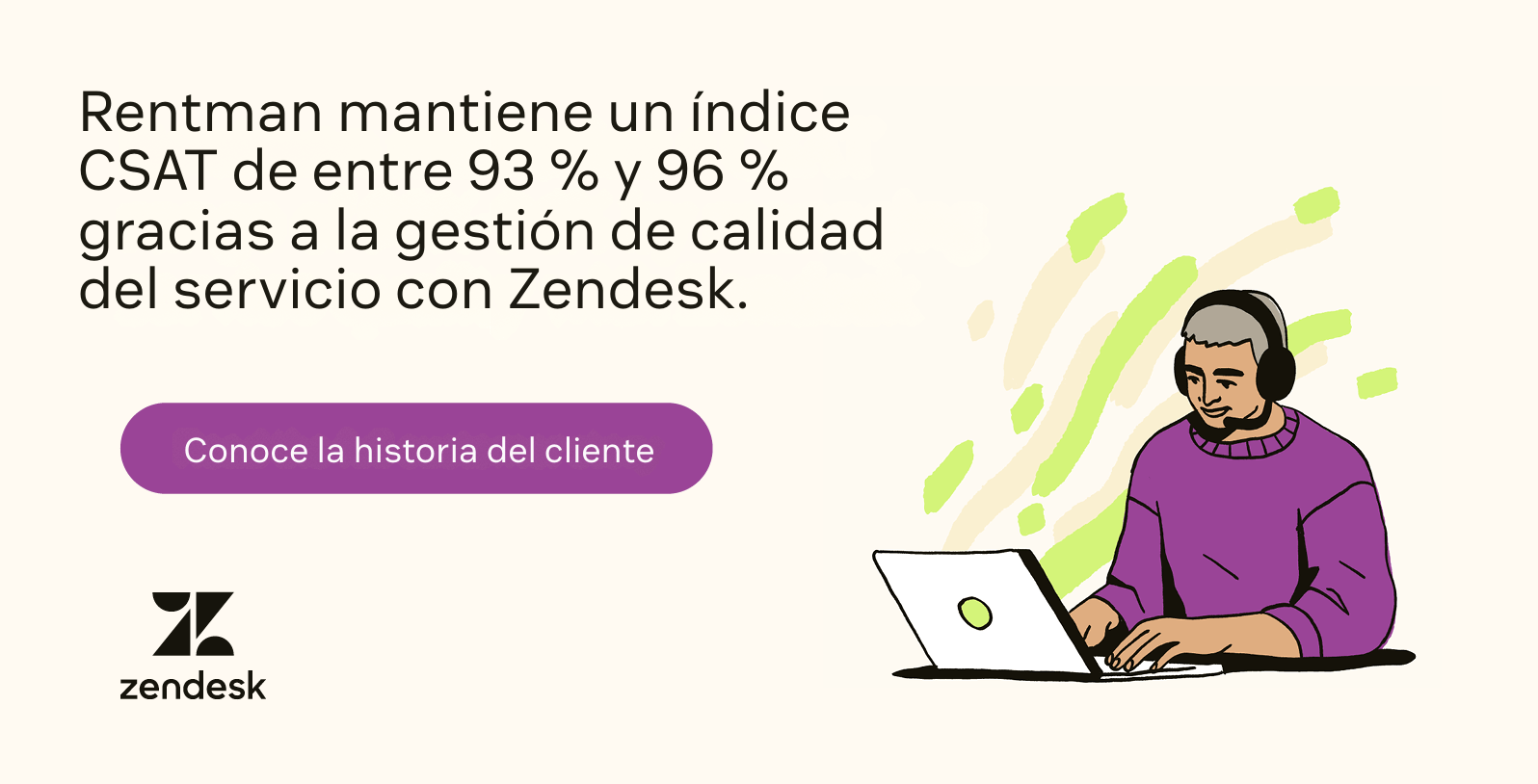 Un hombre con camiseta morada y headset teclea en una laptop junto a una estadística de CSAT sobre Rentman.