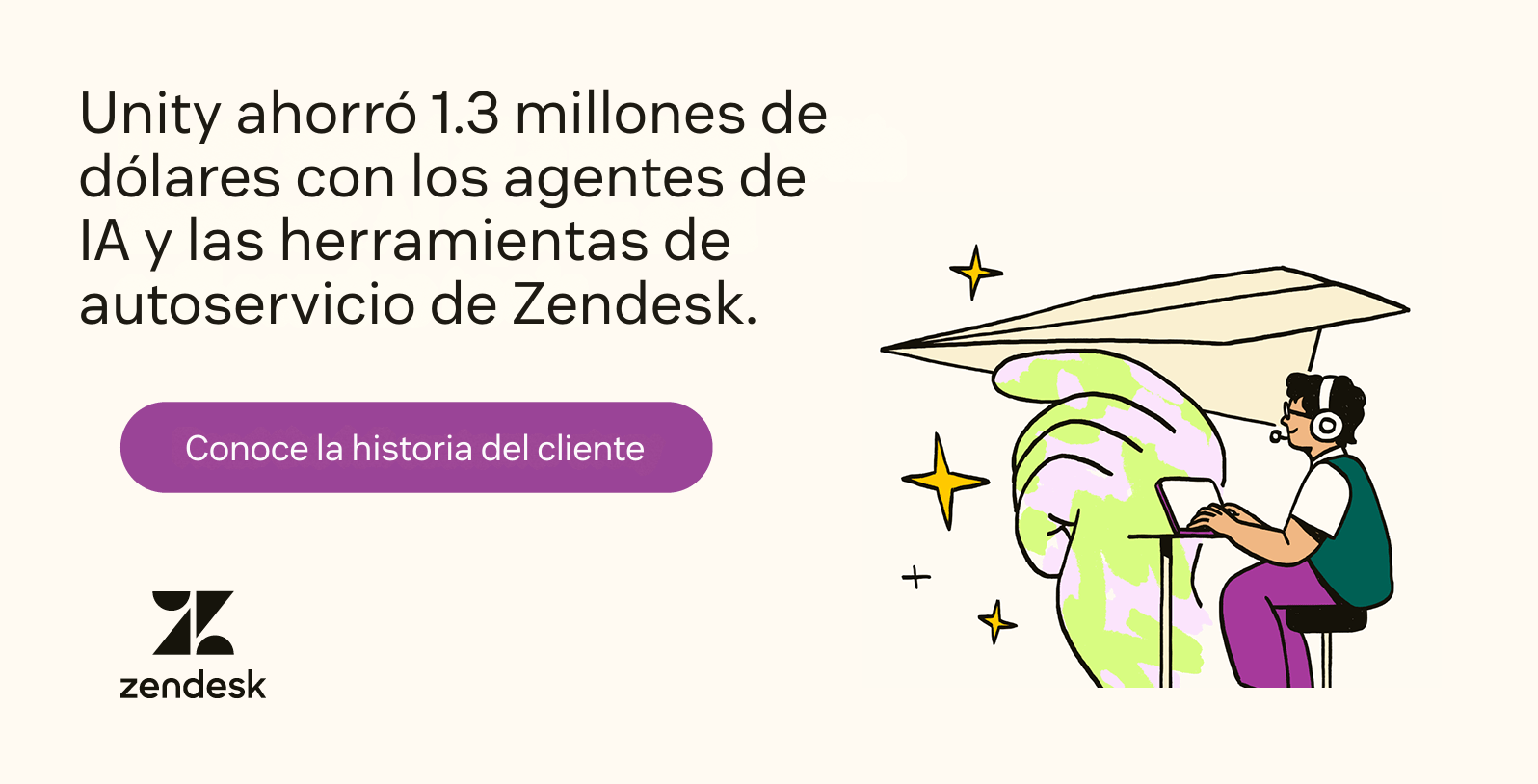 Una persona sentada en un escritorio frente a una mano gigante que sostiene un avión de papel grande junto a una estadística sobre Unity usando IA.