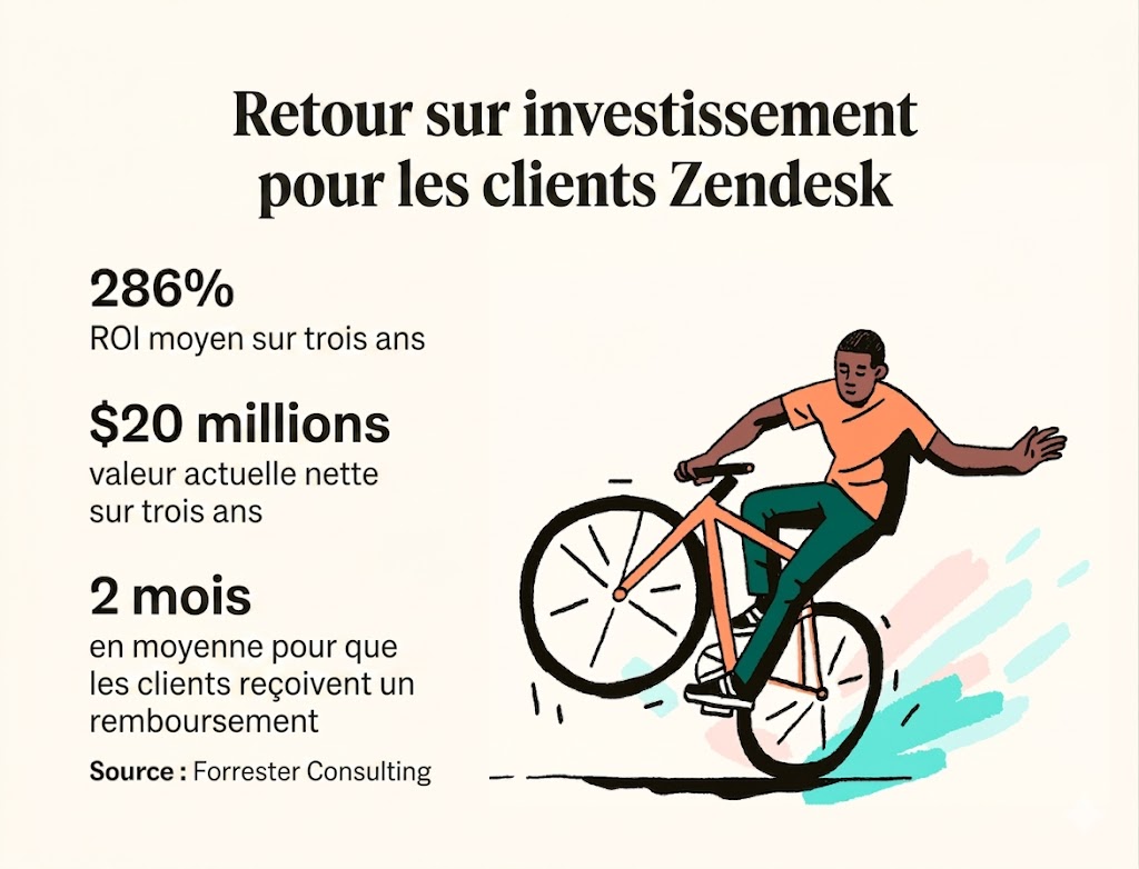 A man rides a bicycle beside some key Zendesk customer stats, like a 286 percent average ROI, and a $20 million net present value over three years.