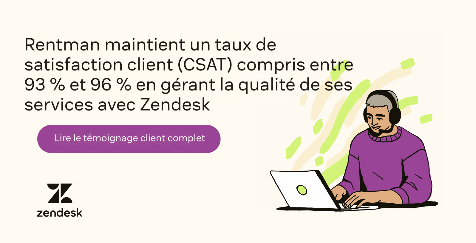 Un homme portant une chemise violette et un casque audio tape sur un ordinateur portable à côté d’une statistique de CSAT concernant Rentman.