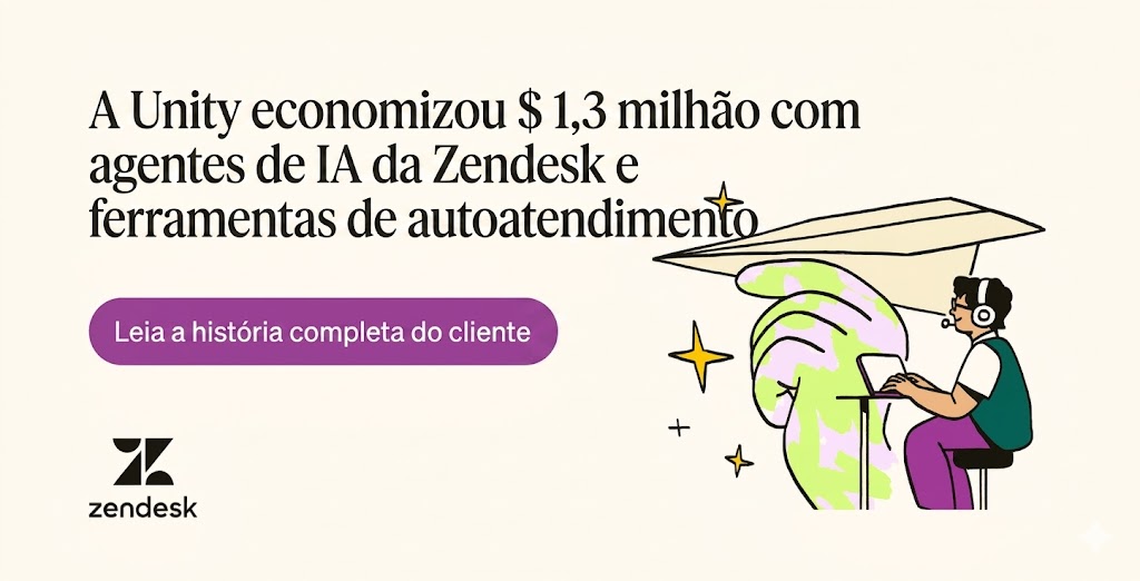 Uma pessoa sentada em uma mesa em frente a uma mão gigante segurando um grande avião de papel ao lado de uma estatística sobre o uso de IA pela Unity.