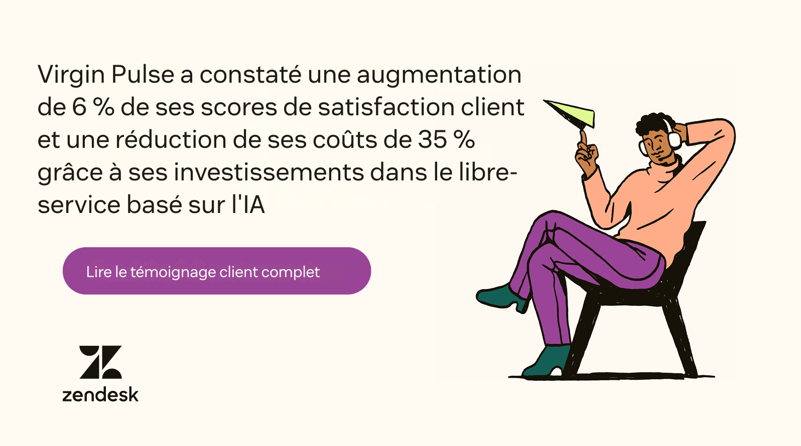 Une personne portant un casque, une chemise orange et un pantalon violet est assise sur une chaise et tient un avion en papier en équilibre sur un doigt.