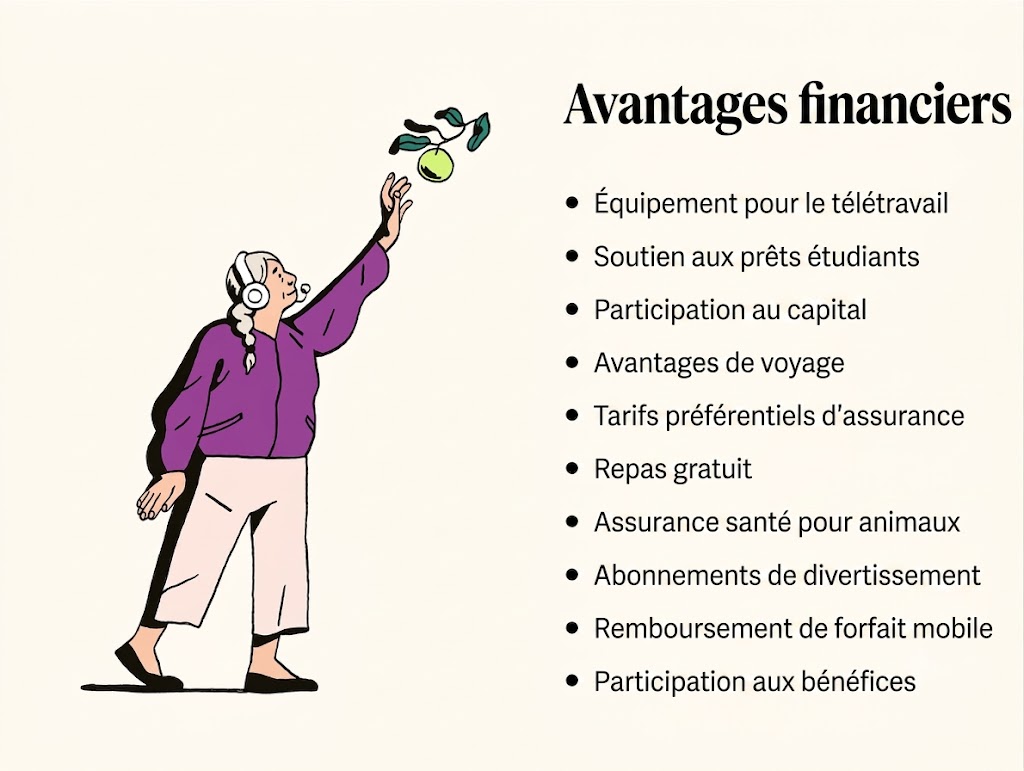 Une illustration représentant une femme qui attrape une pomme accompagne une liste d’avantages financiers.