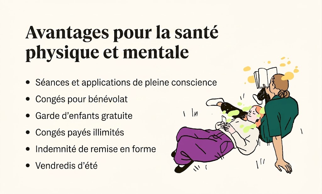Une illustration représentant deux personnes qui se détendent accompagne une liste d’avantages consacrés à la santé physique et mentale.