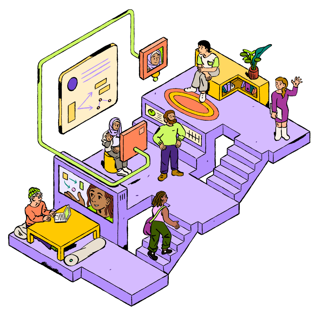 An isometric illustration of a busy office 