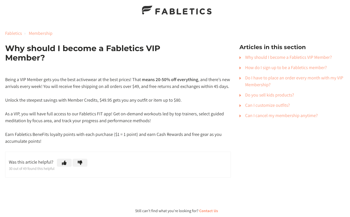 FAQ-Seite von Fabletics