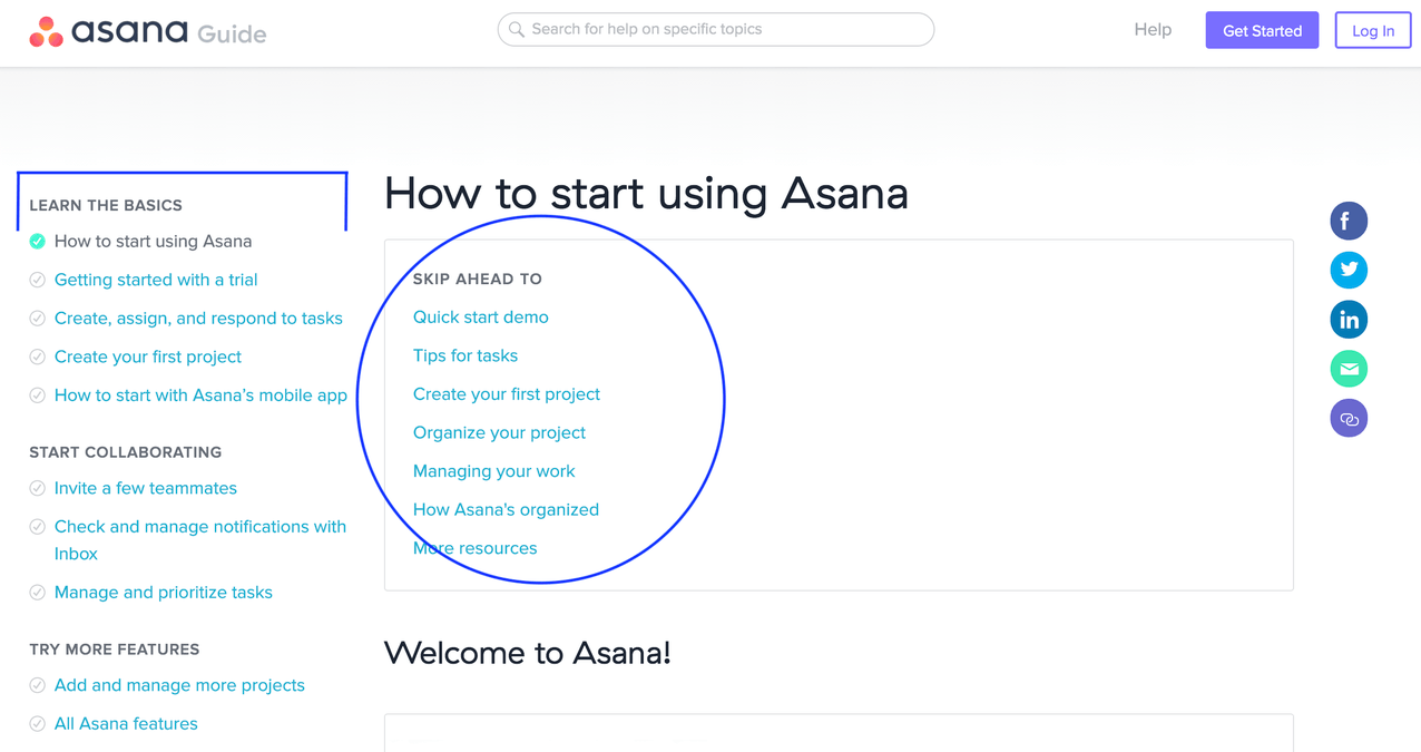 Captura de pantalla del contenido de soporte de Asana