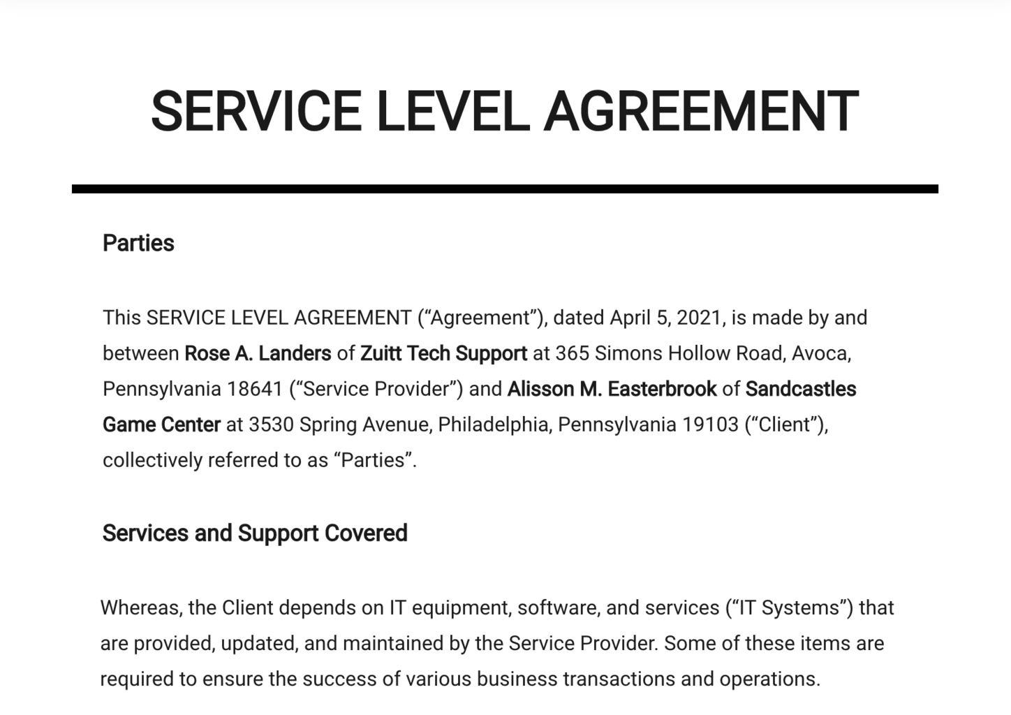 information technology service level agreement template