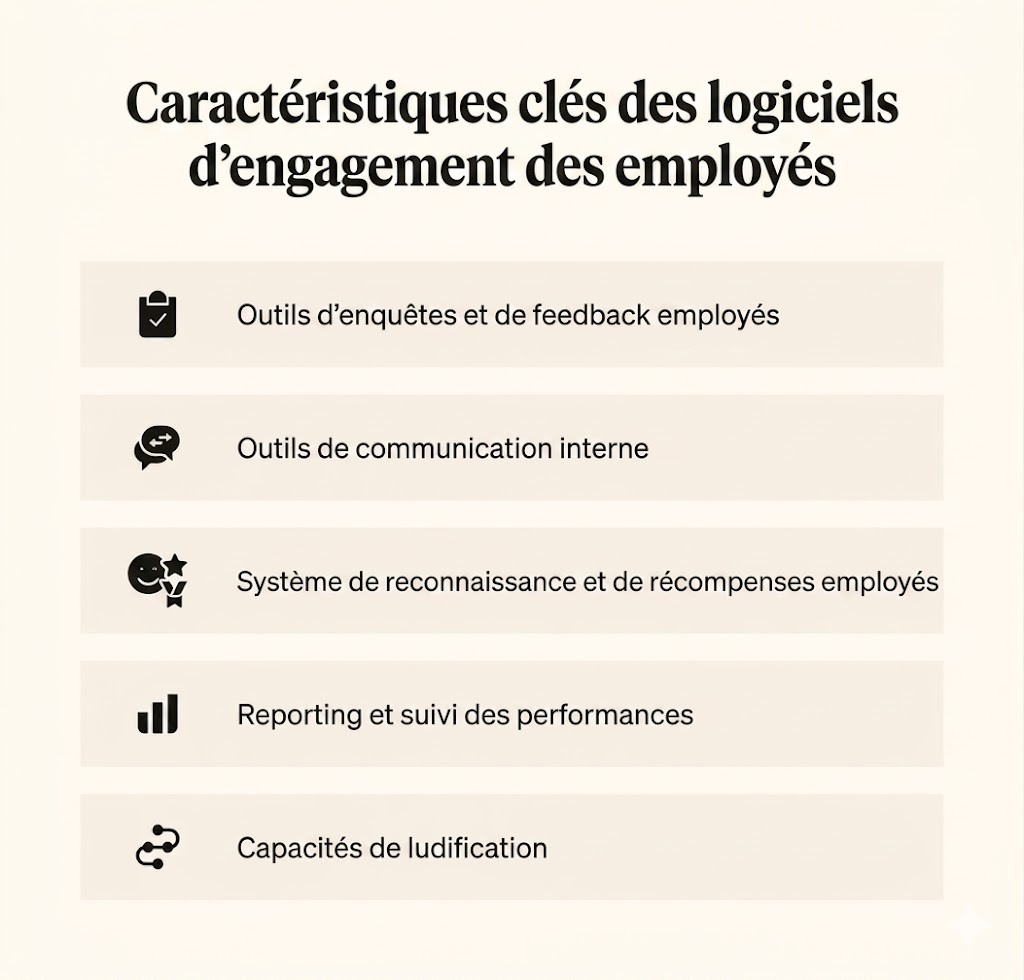 Five icons represent features of employee engagement software.